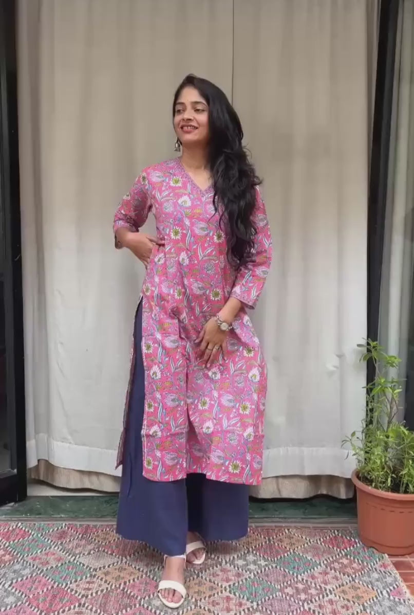 Ganga Pink Cotton Straight Kurta