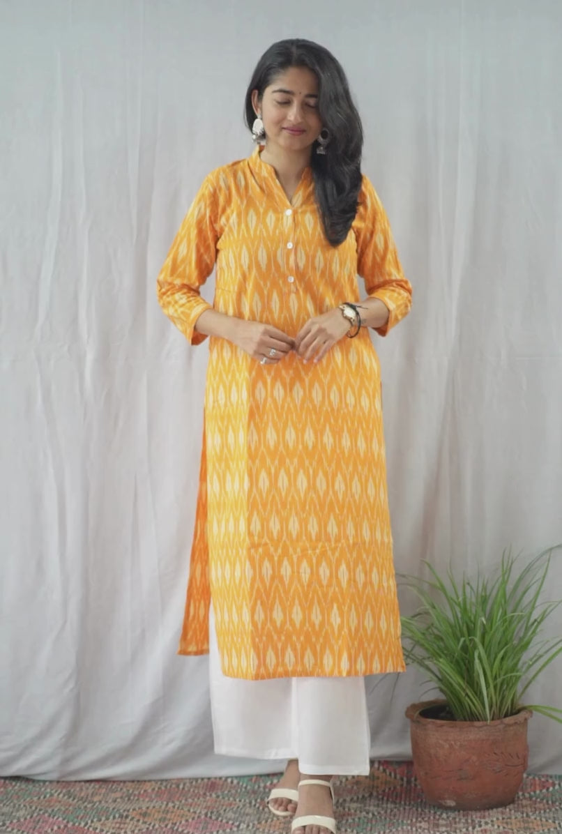 Ritika Yellow Ikkat Cotton Straight Kurta
