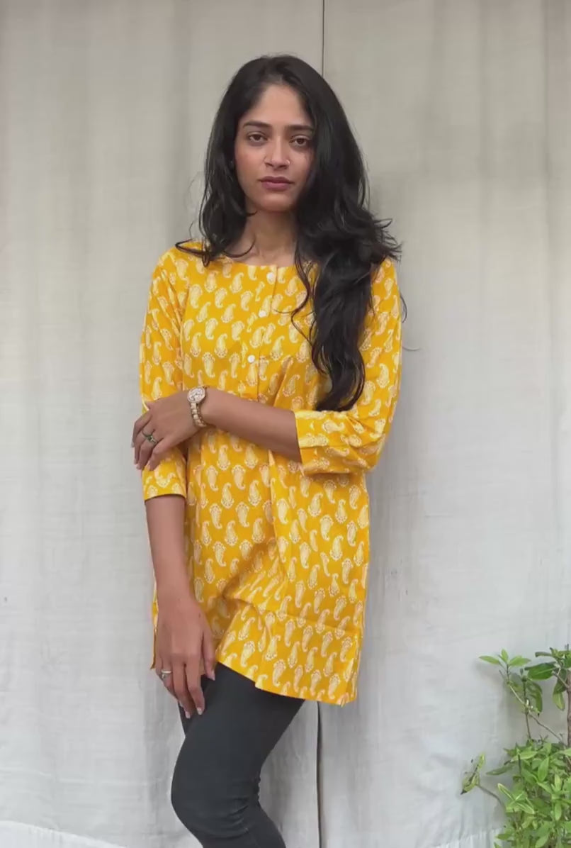 Uma Yellow Cotton Short Top Kurti