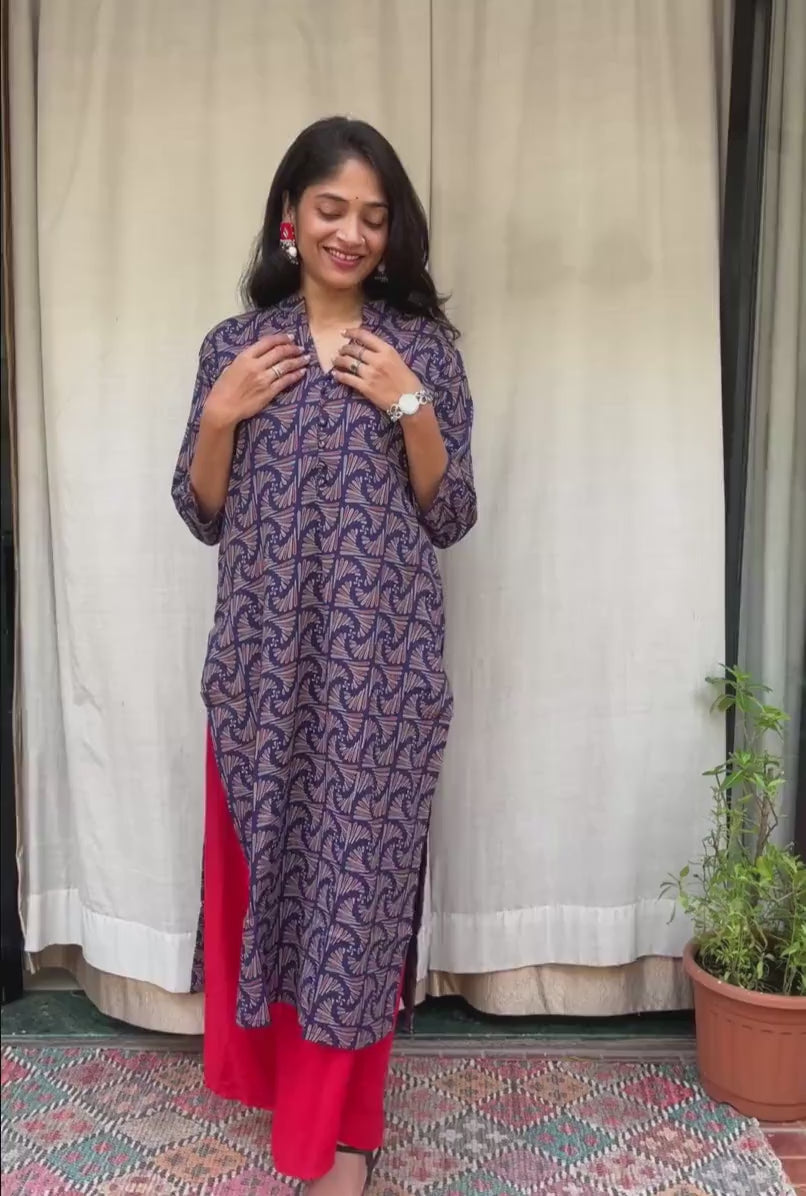 Rutvi Blue Cotton Straight Kurta