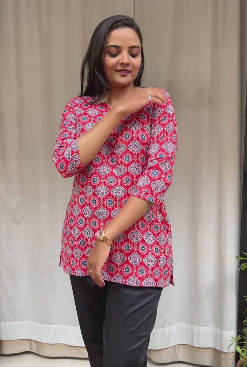 Devki Red Cotton Short Top Kurti